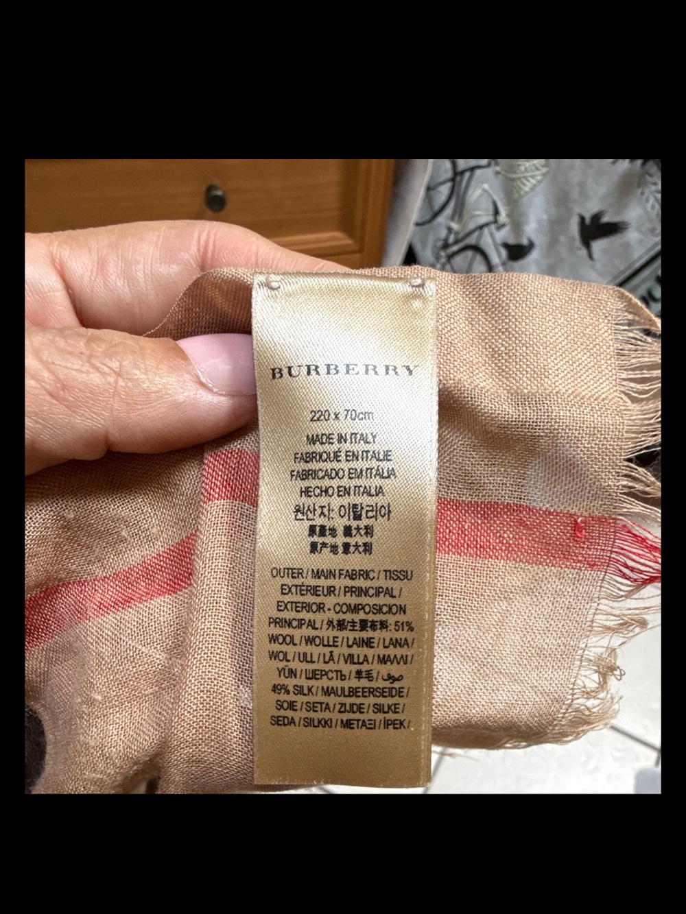 Burberry Tan Plaid Scarf with Black, White & Red Stripes - Picture 4 of 10